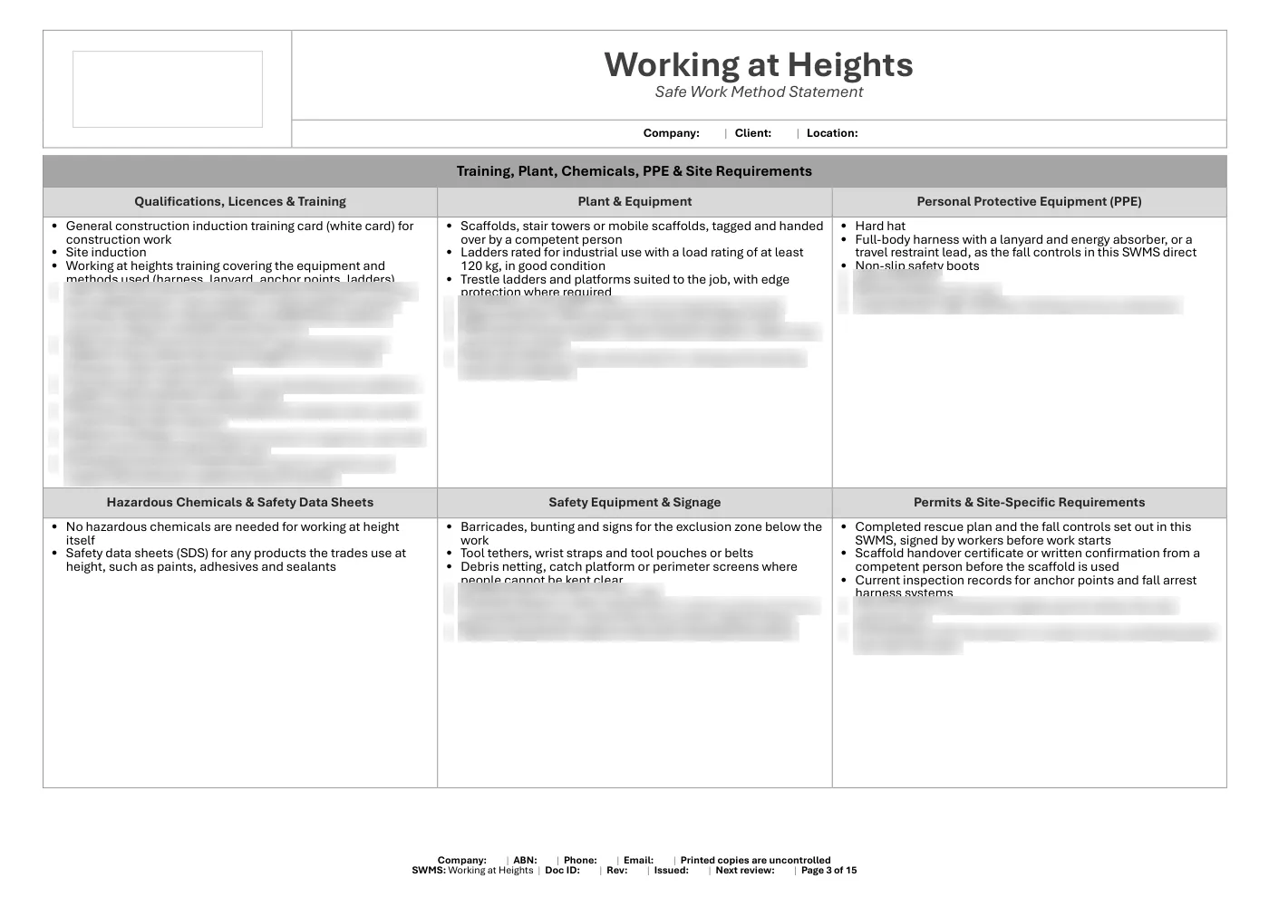 Page 3 of the Working at Heights SWMS: training, plant, chemicals, PPE and site requirements