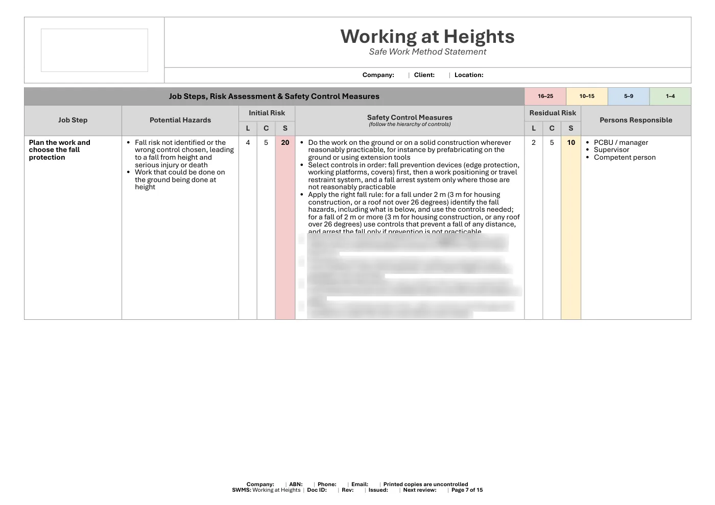 Page 7 of the Working at Heights SWMS: job steps, hazards, risk ratings and controls
