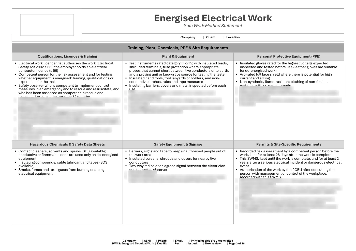 Working On or Near Energised Electrical Equipment SWMS: sample page 3