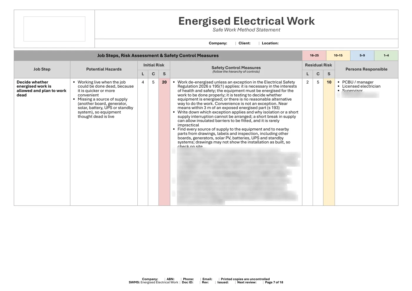 Working On or Near Energised Electrical Equipment SWMS: sample page 7