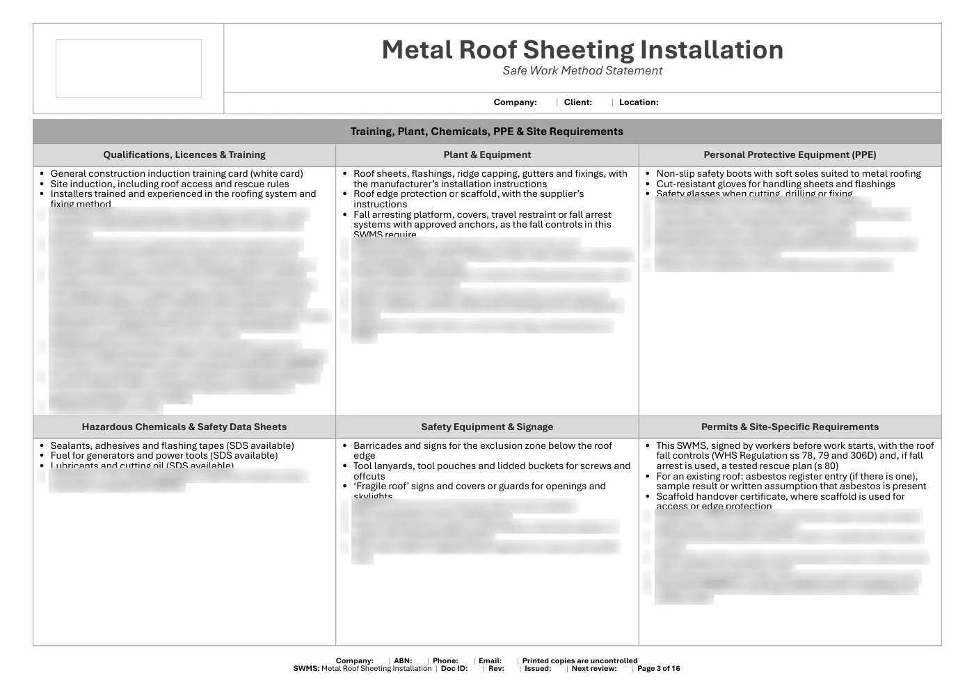 Metal Roof Sheeting Installation SWMS: sample page 3