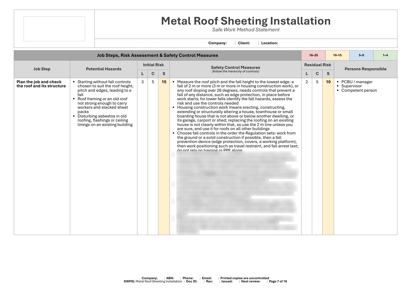 Metal Roof Sheeting Installation SWMS: sample page 7