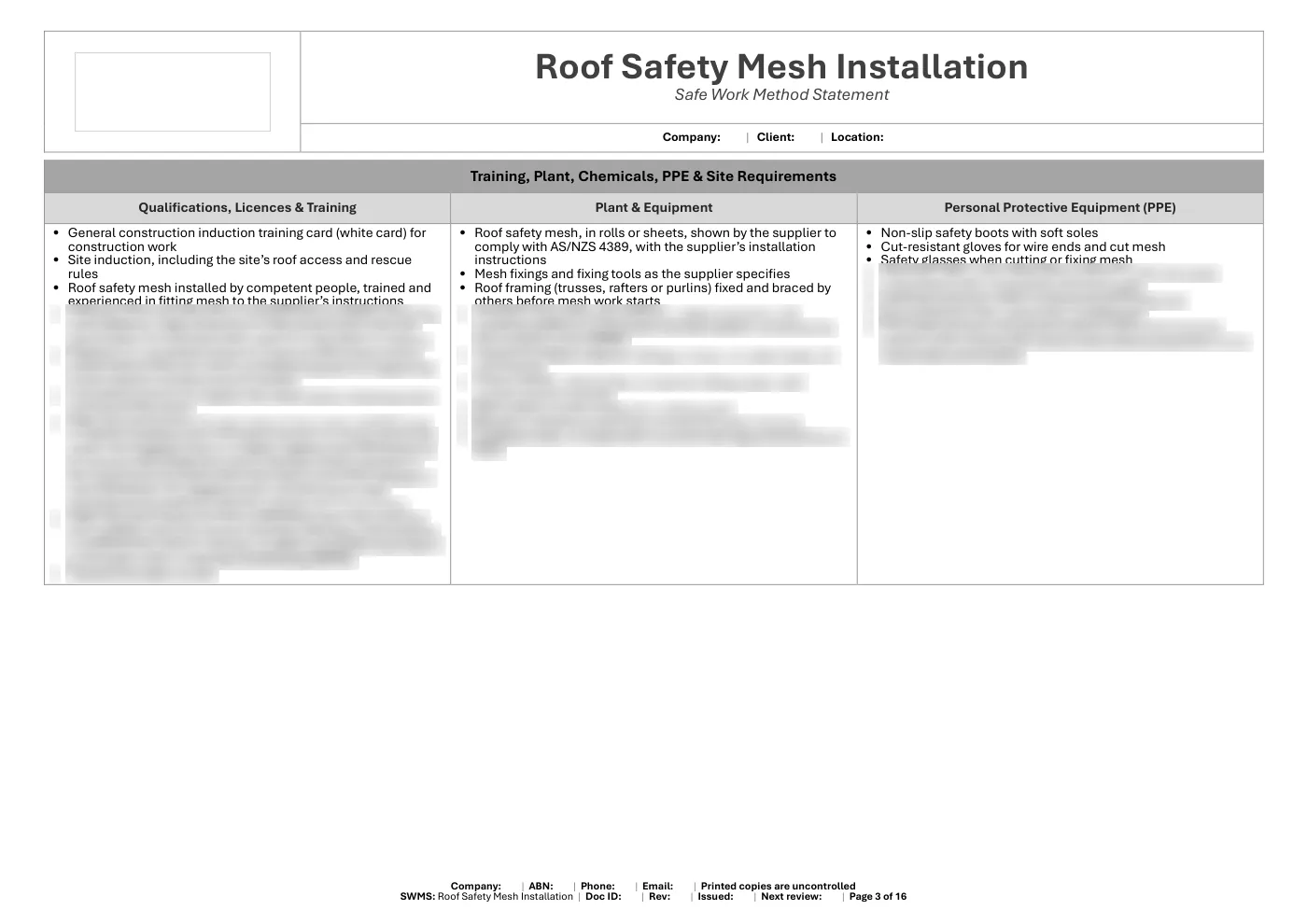 Roof Safety Mesh Installation SWMS: sample page 3