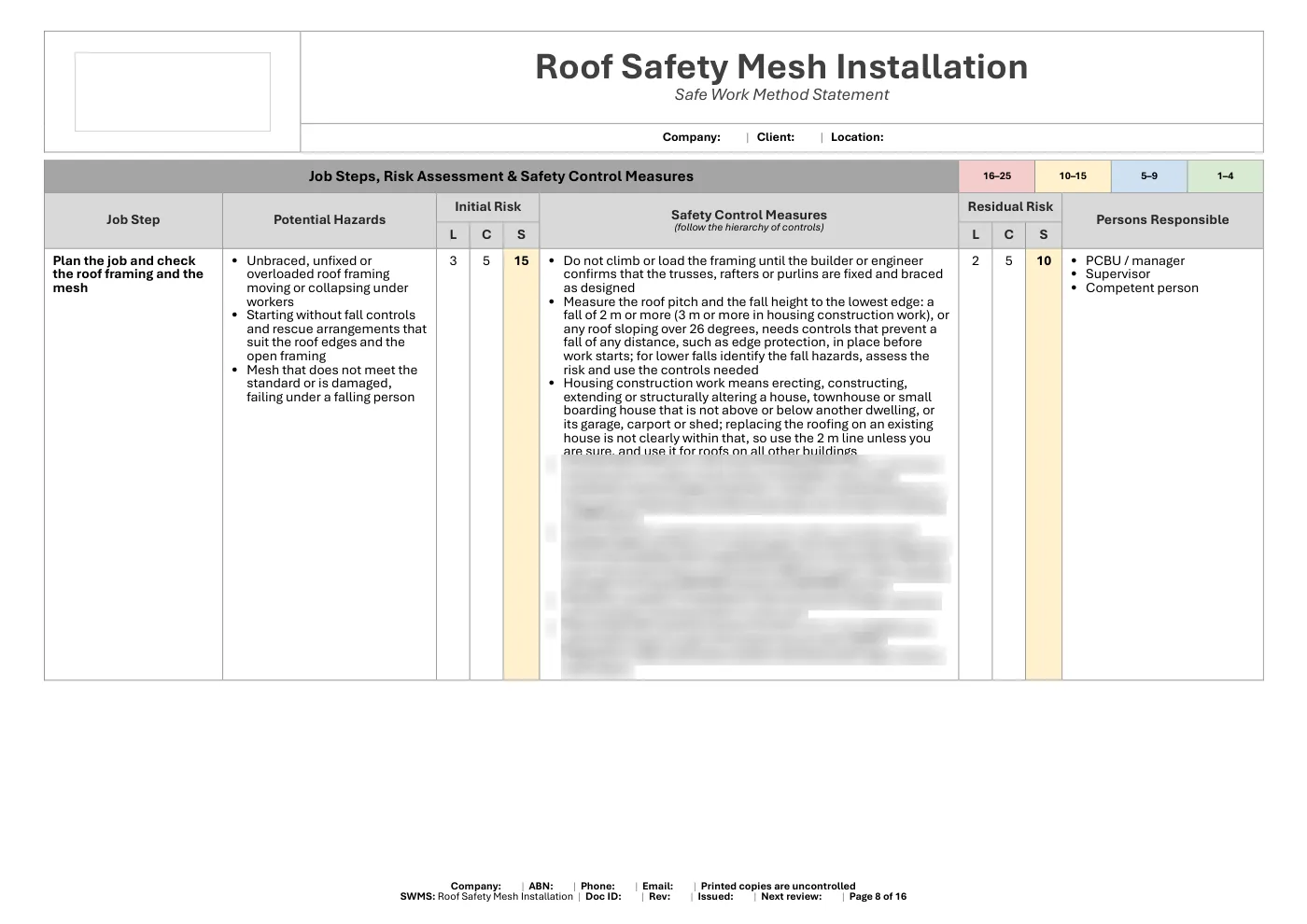 Roof Safety Mesh Installation SWMS: sample page 8