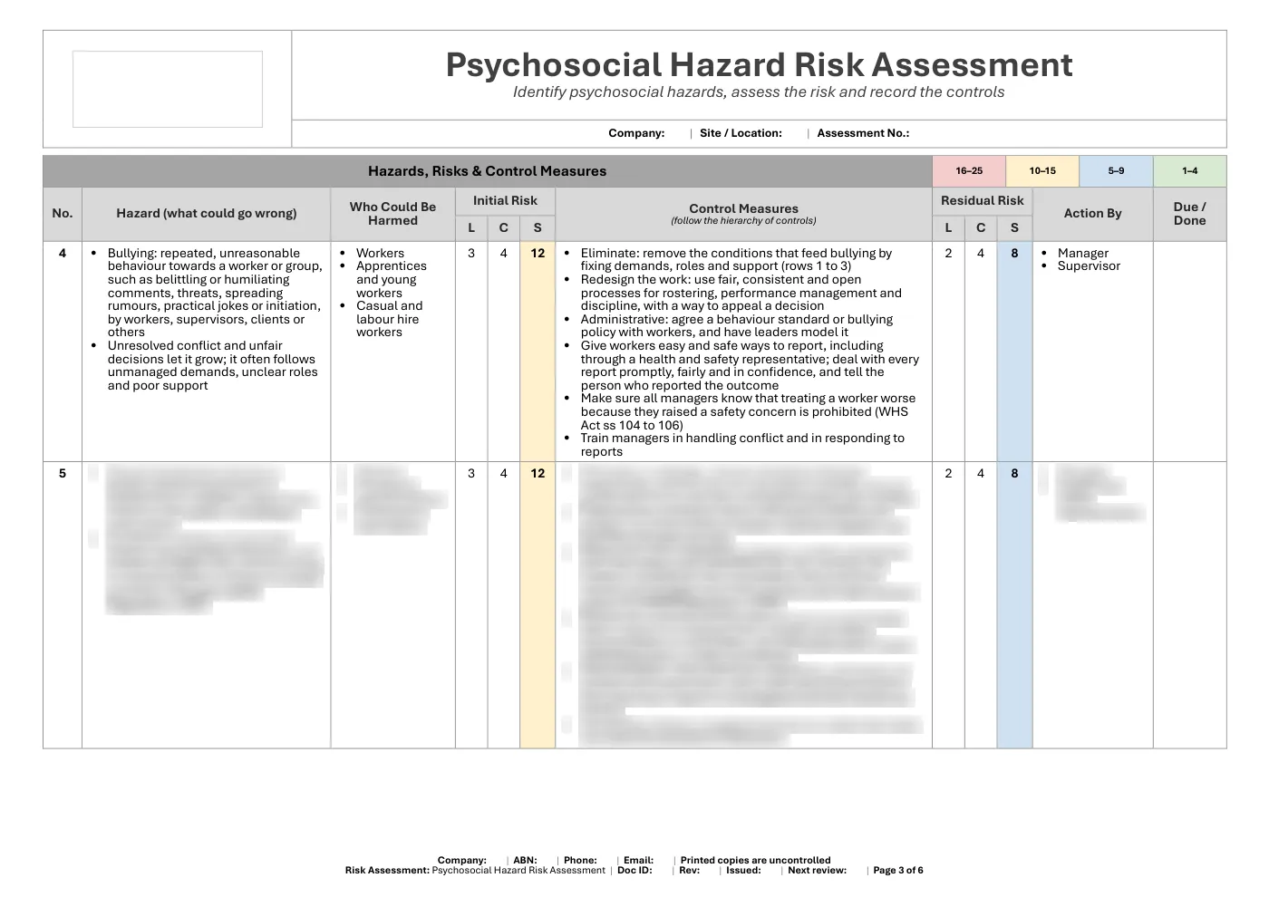 Psychosocial Hazard Risk Assessment Template: sample page 3