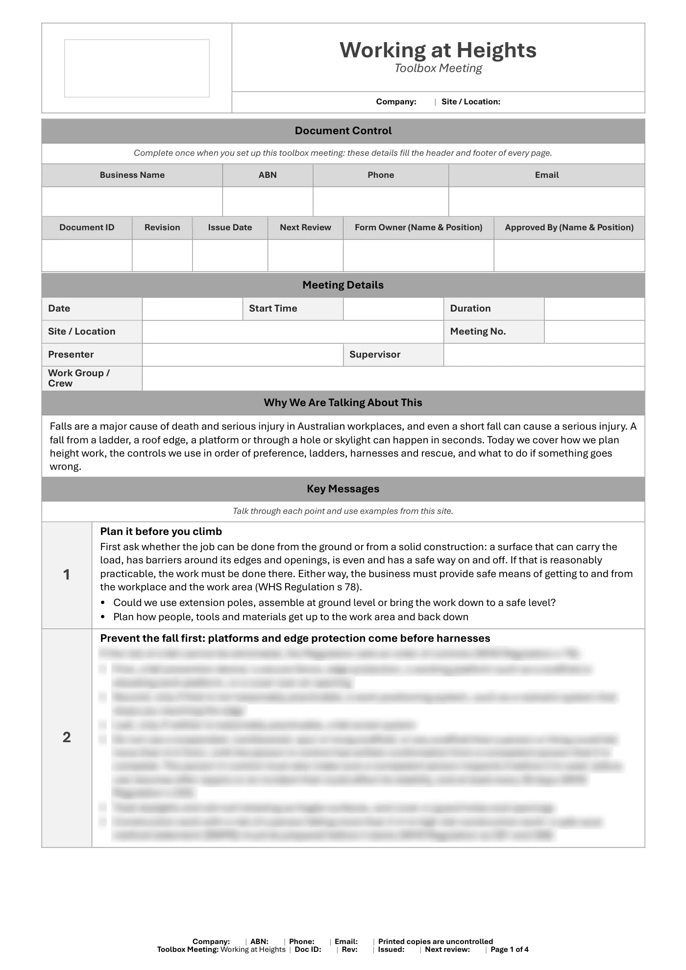 Working at Heights Toolbox Meeting Template: sample page 1