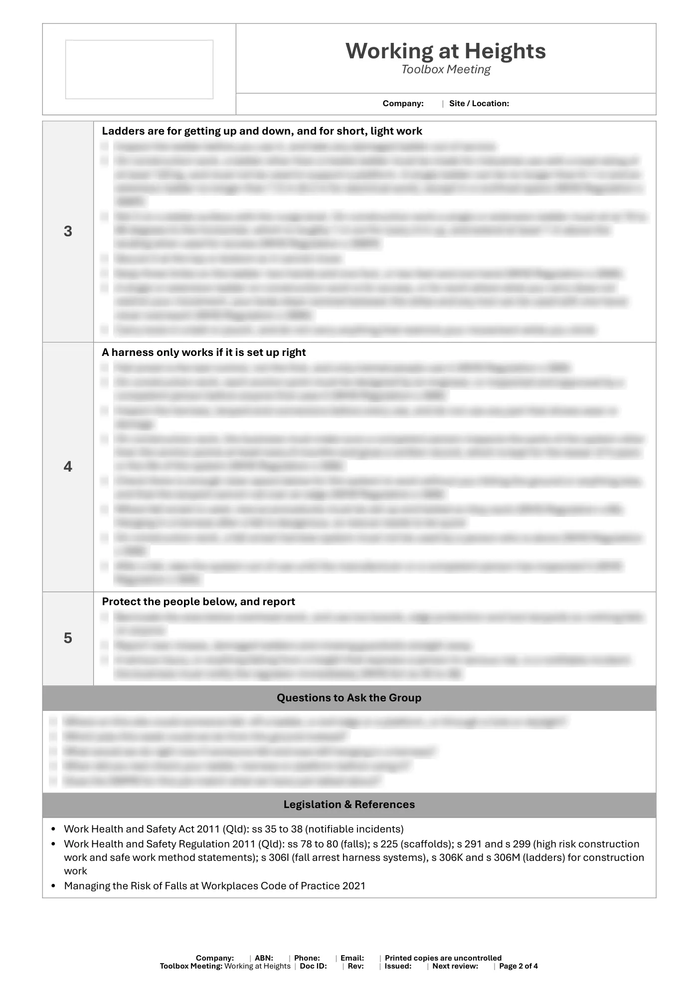 Working at Heights Toolbox Meeting Template: sample page 2