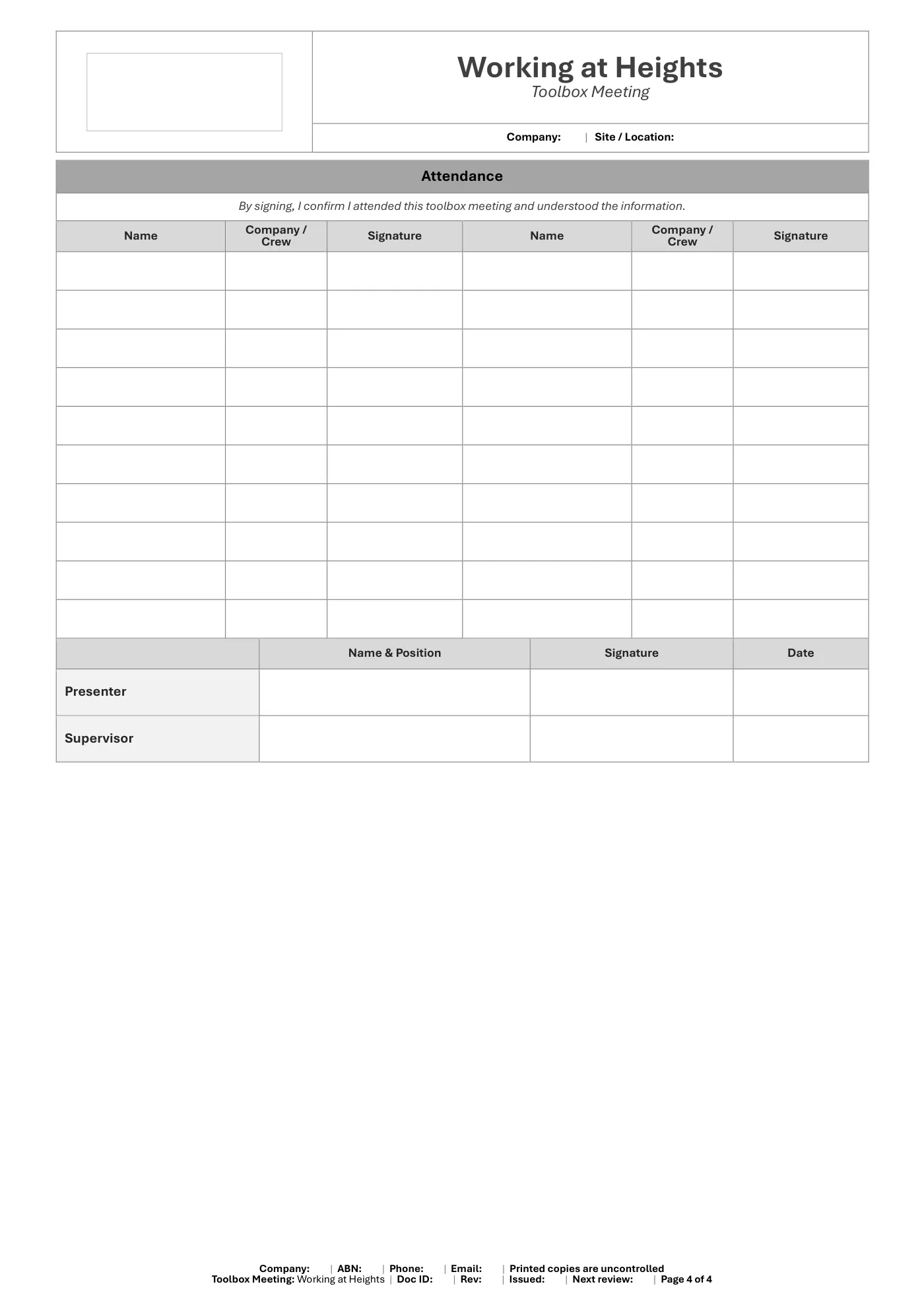 Working at Heights Toolbox Meeting Template: sample page 4