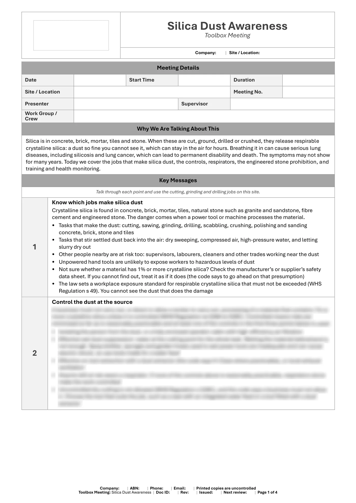 Silica Dust Awareness Toolbox Meeting Template: sample page 1
