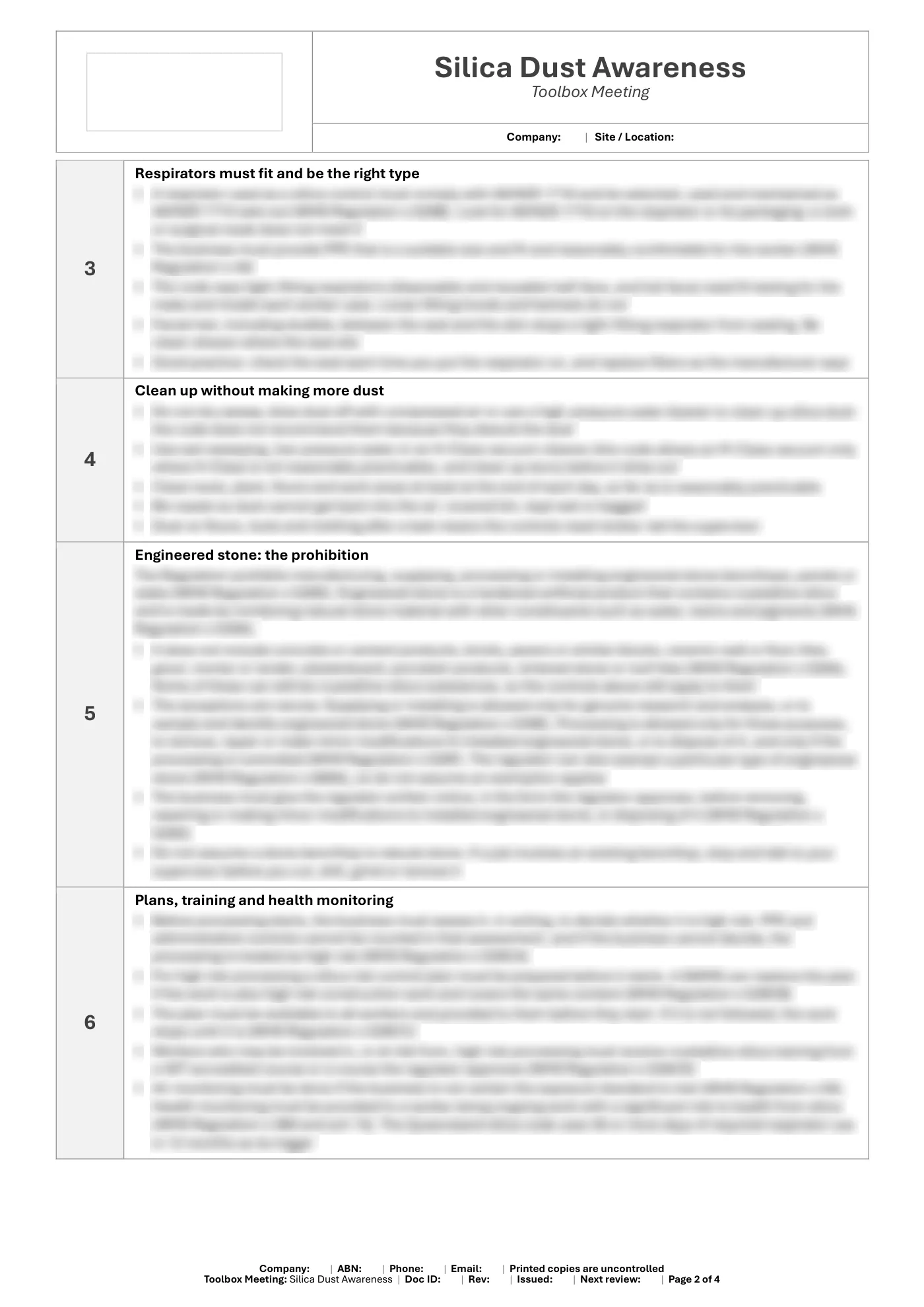 Silica Dust Awareness Toolbox Meeting Template: sample page 2