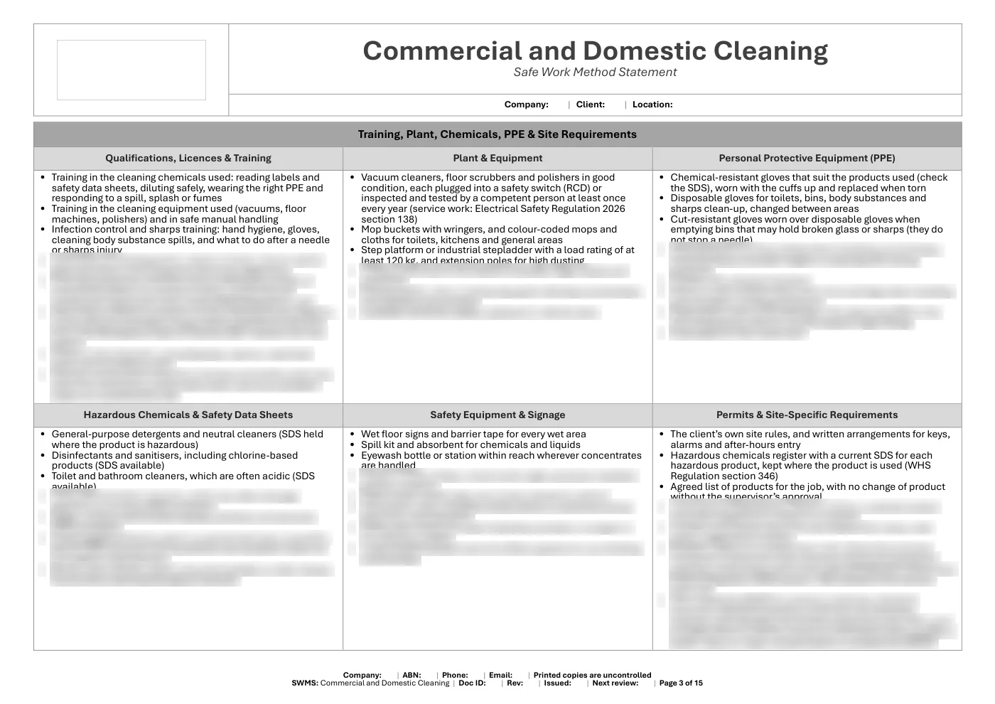 Cleaning SWMS: sample page 3