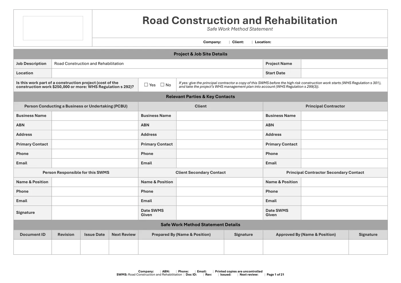 Road Construction SWMS: sample page 1