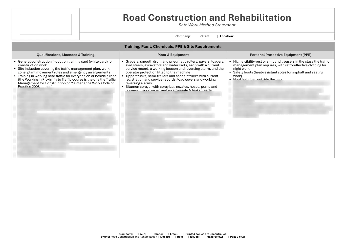 Road Construction SWMS: sample page 3