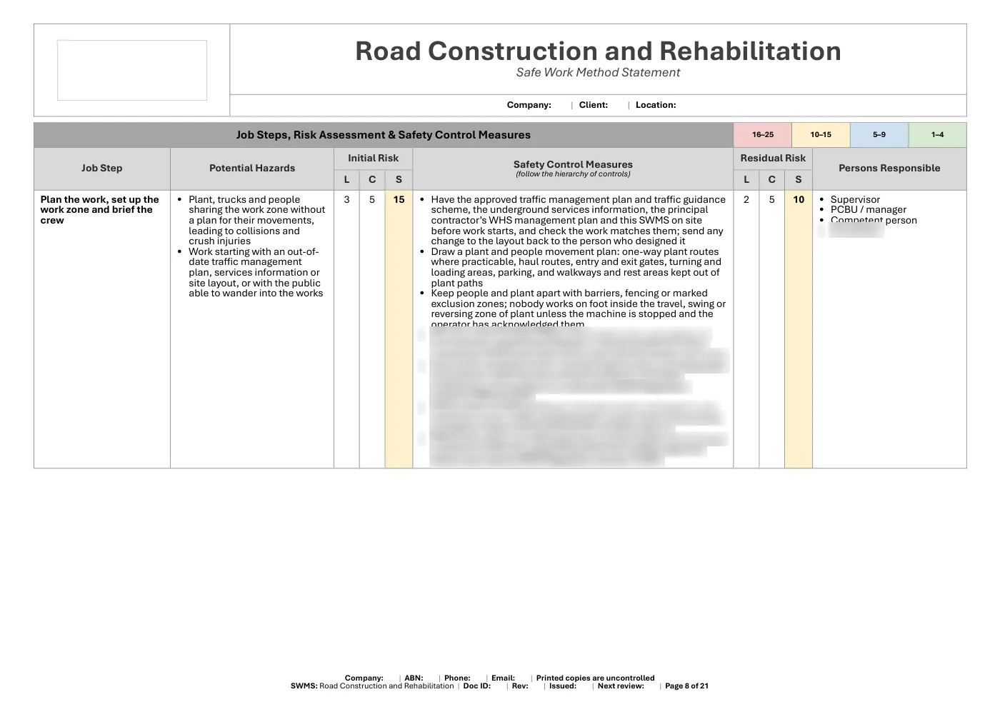 Road Construction SWMS: sample page 8