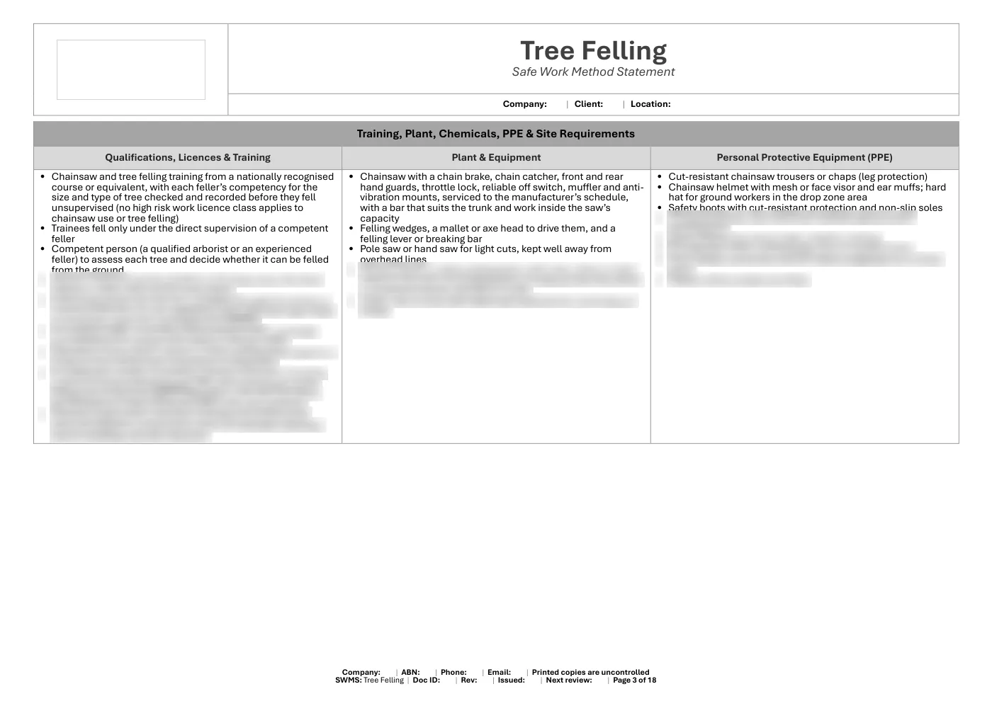 Tree Felling SWMS: sample page 3