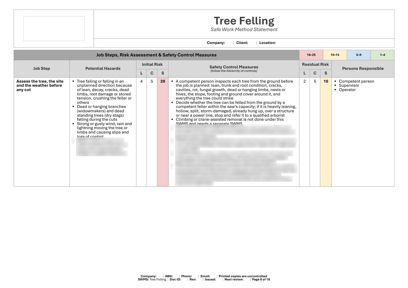 Tree Felling SWMS: sample page 8