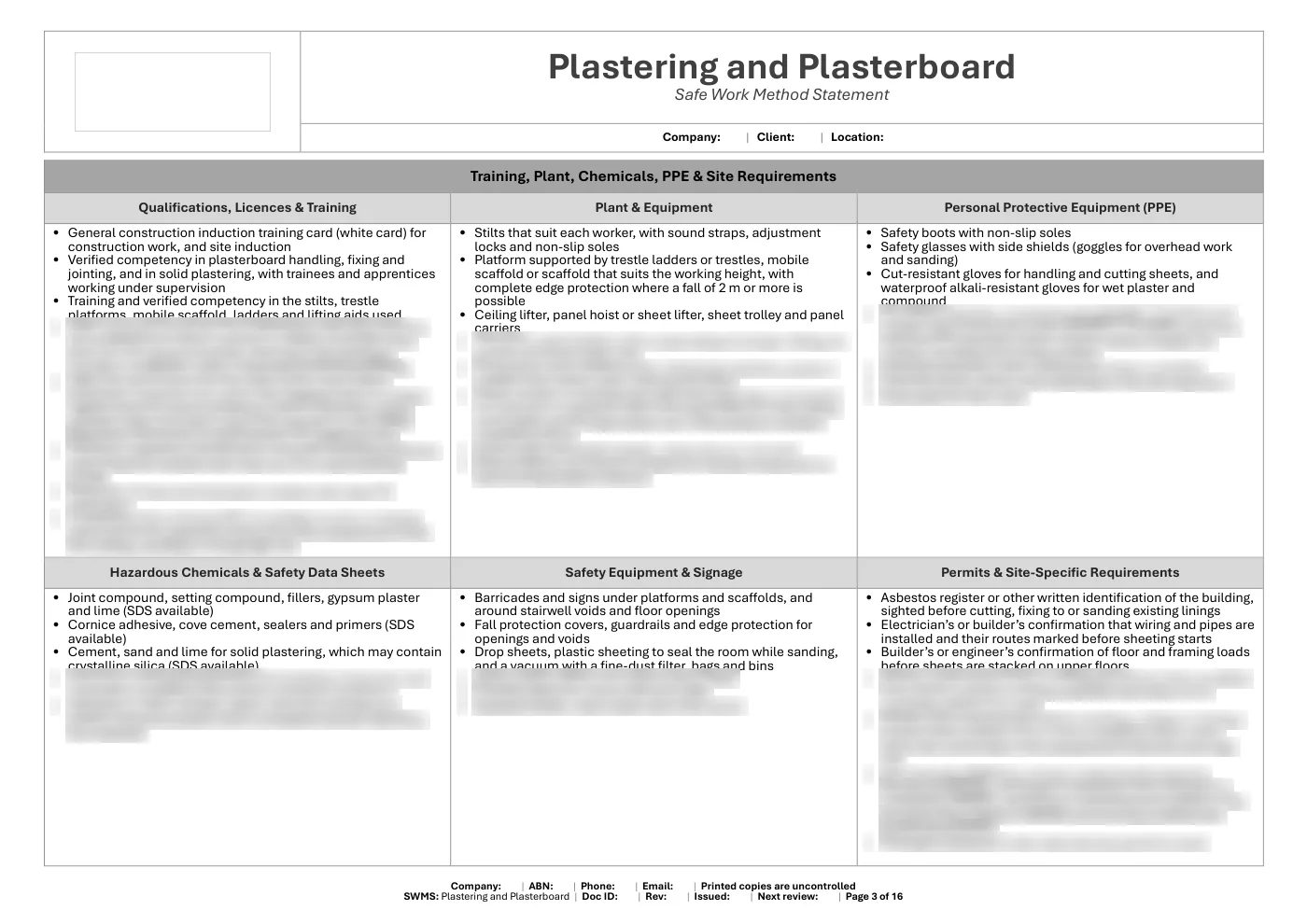 Plastering and Plasterboard SWMS: sample page 3