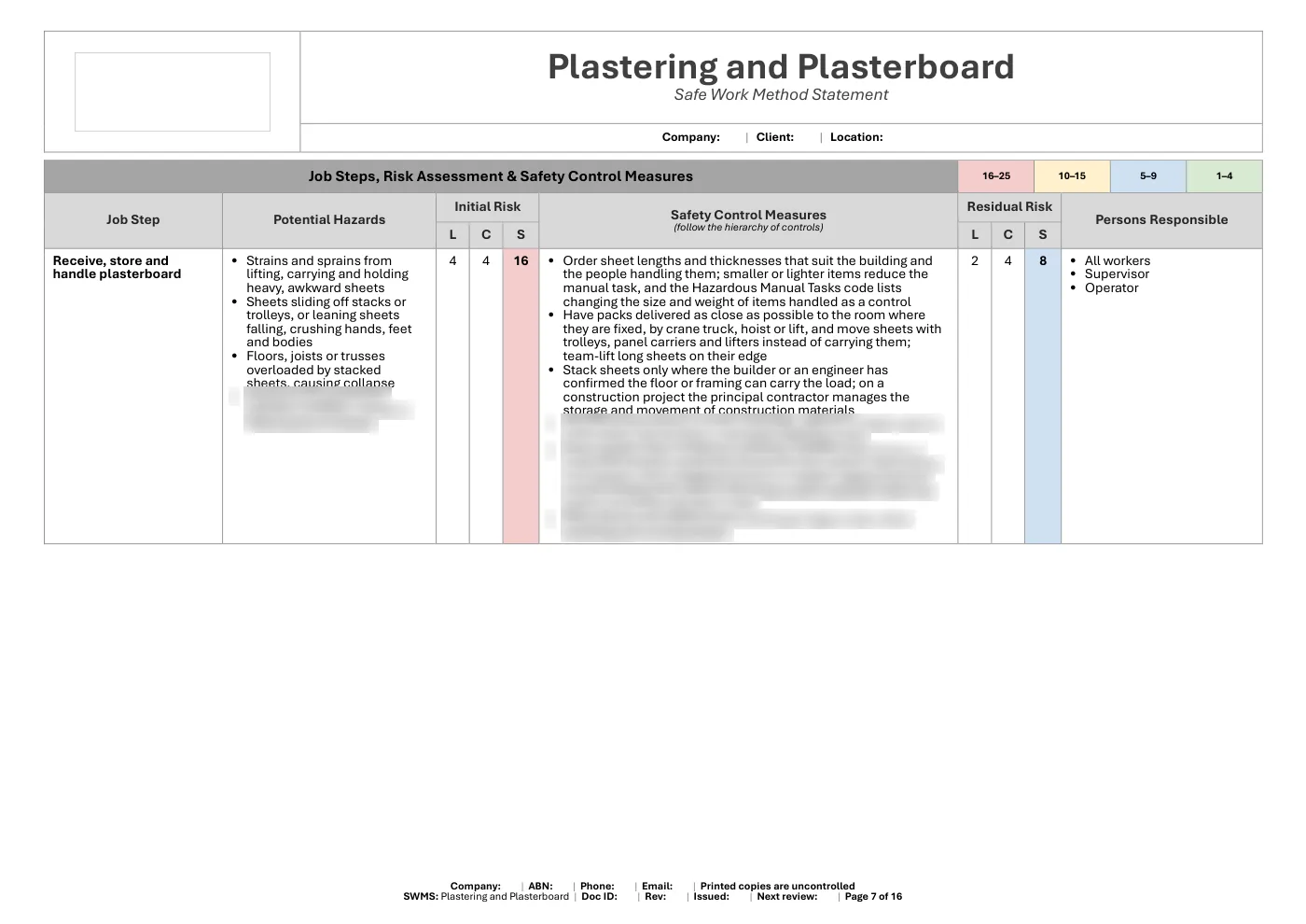 Plastering and Plasterboard SWMS: sample page 7