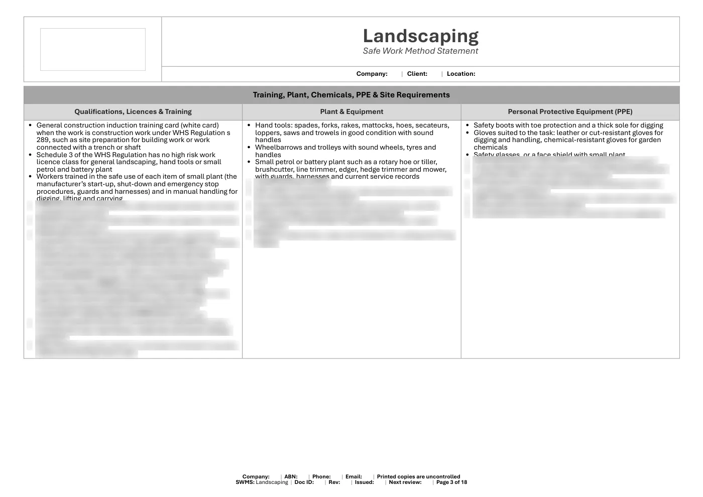 Landscaping SWMS: sample page 3