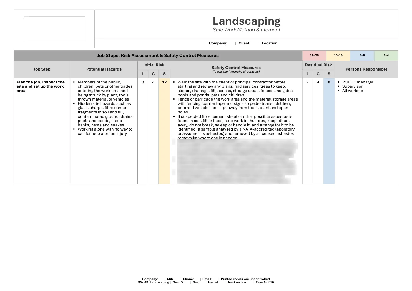 Landscaping SWMS: sample page 8
