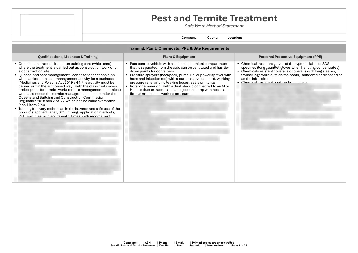 Pest Control SWMS: sample page 3