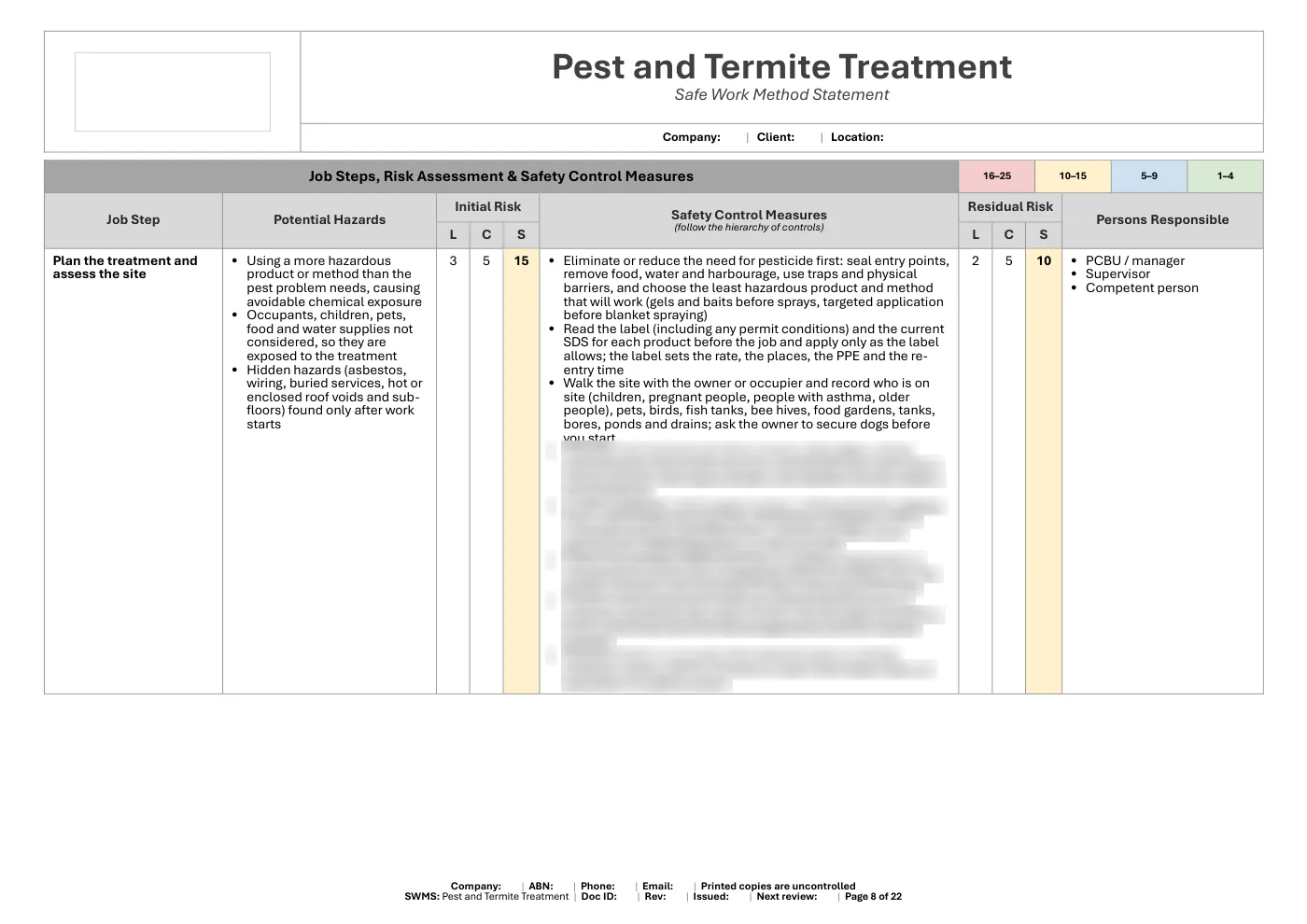 Pest Control SWMS: sample page 8