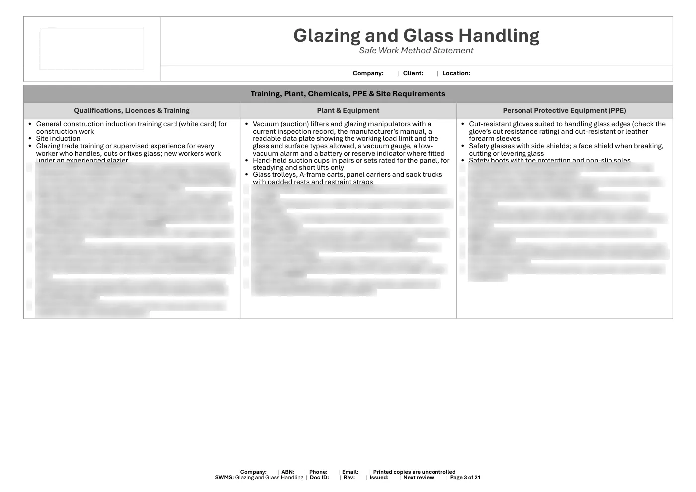 Glazing SWMS: sample page 3