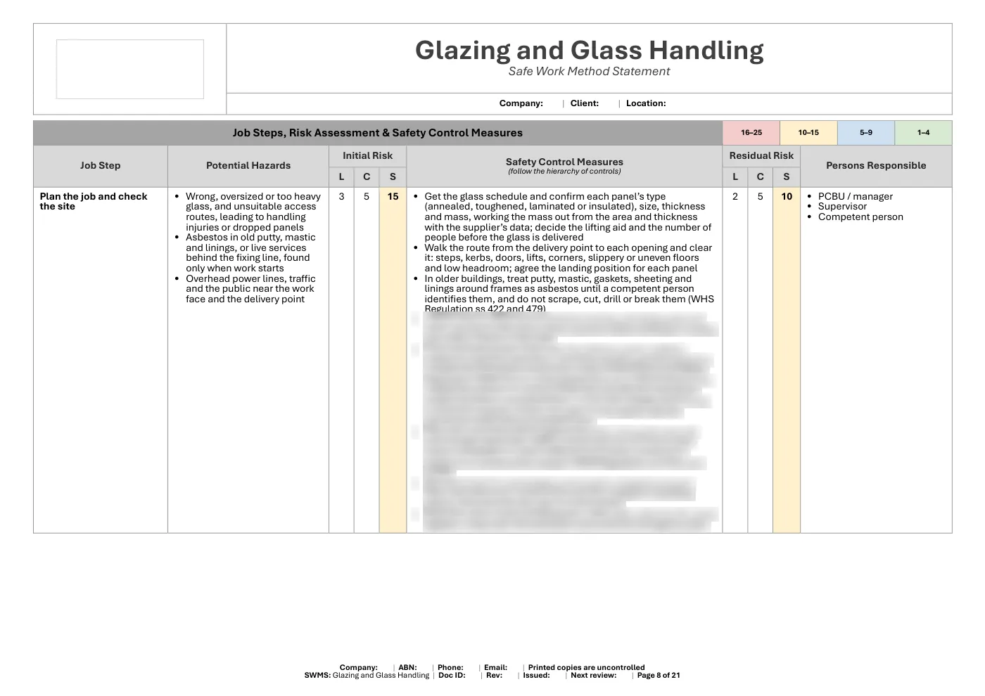 Glazing SWMS: sample page 8