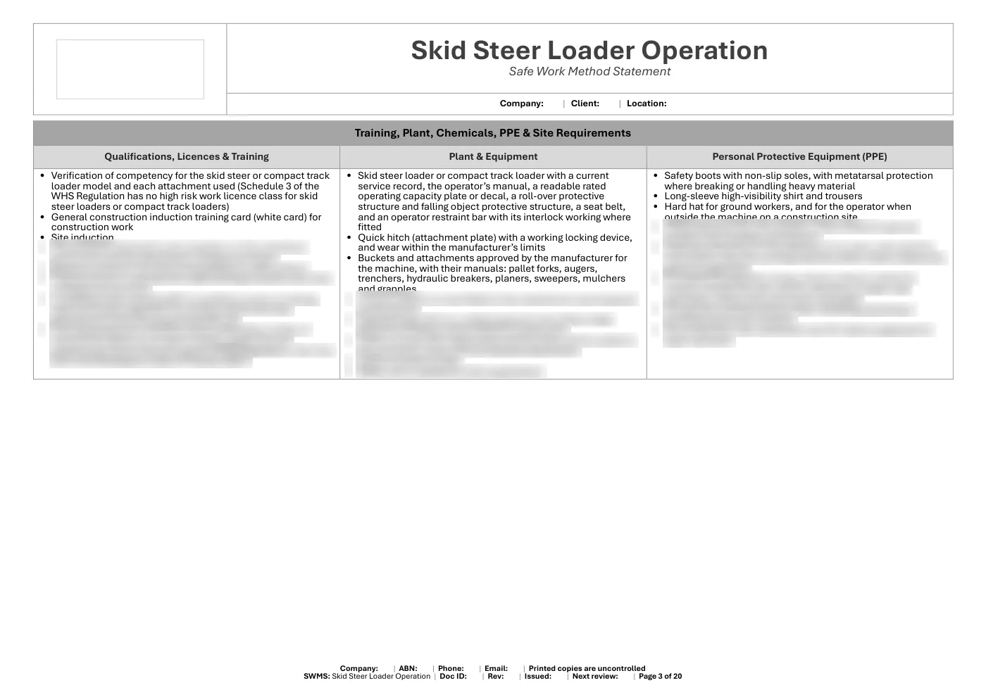 Skid Steer Loader SWMS: sample page 3