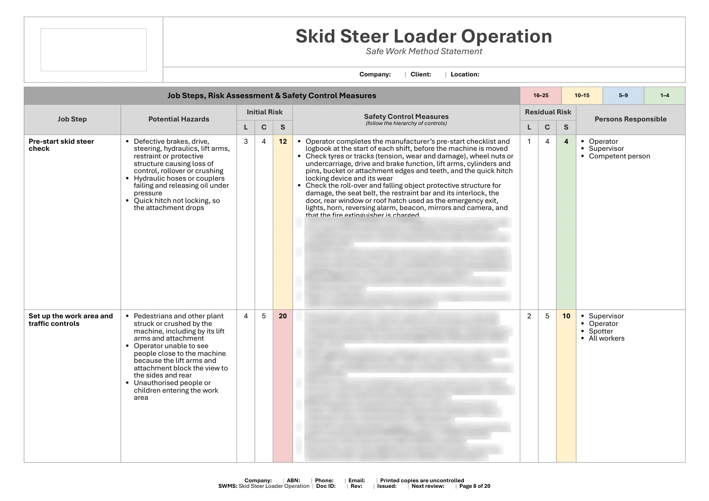 Skid Steer Loader SWMS: sample page 8