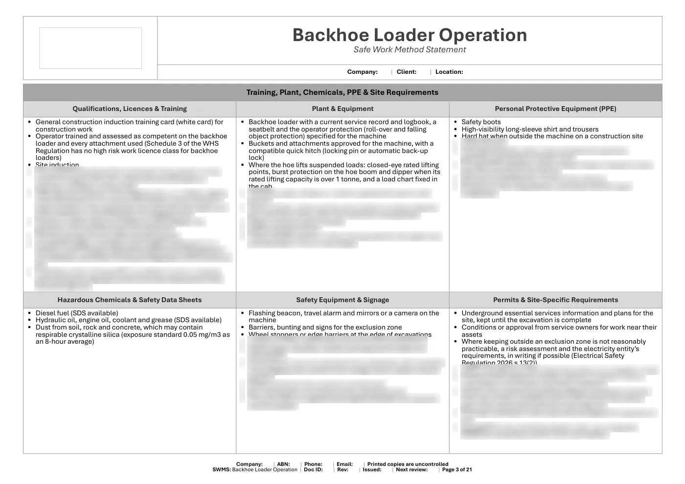 Backhoe Loader SWMS: sample page 3