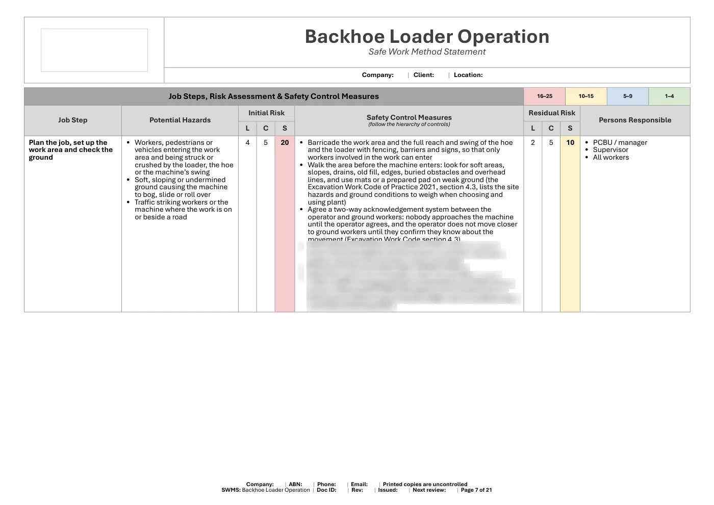Backhoe Loader SWMS: sample page 7