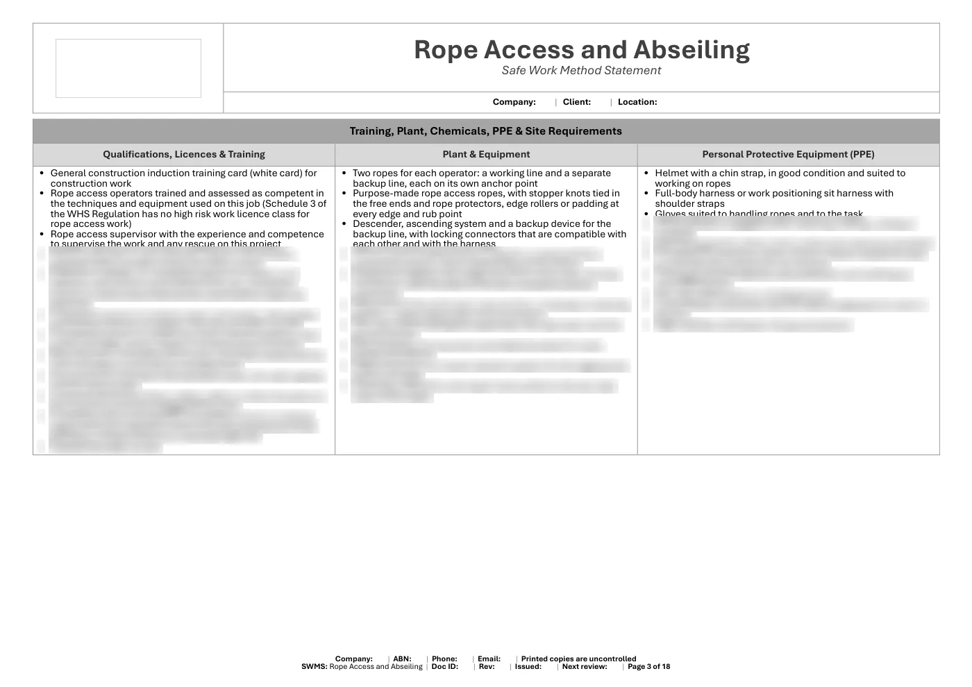 Rope Access and Abseiling SWMS: sample page 3