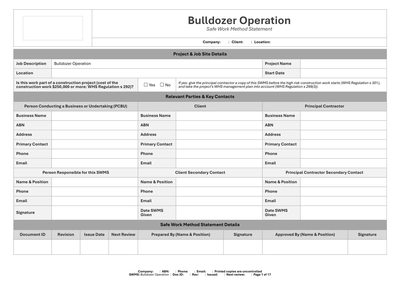 Bulldozer SWMS: sample page 1