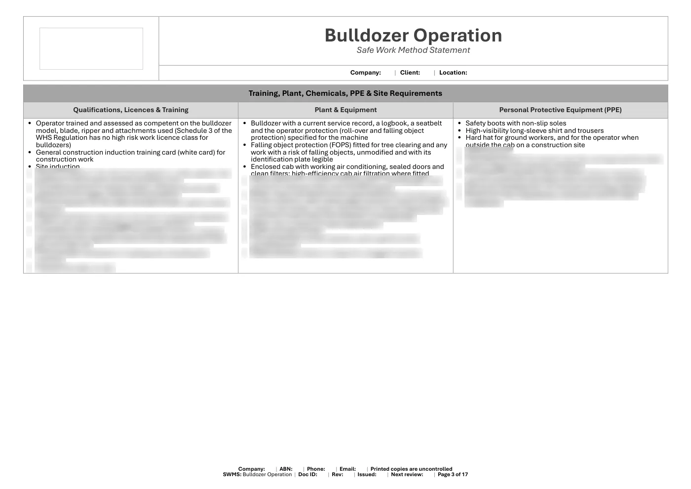 Bulldozer SWMS: sample page 3