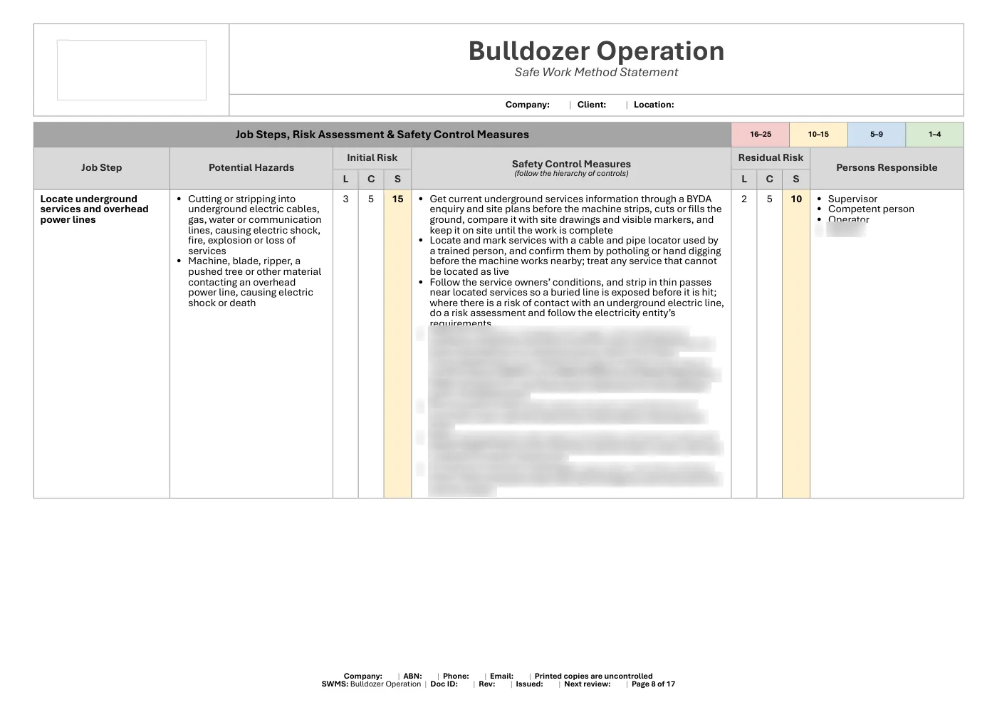Bulldozer SWMS: sample page 8