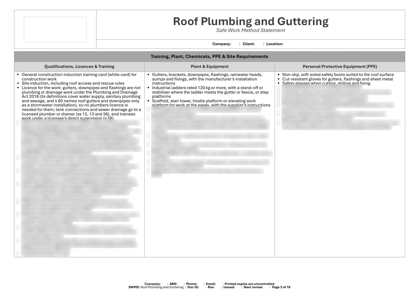 Roof Plumbing and Guttering SWMS: sample page 3