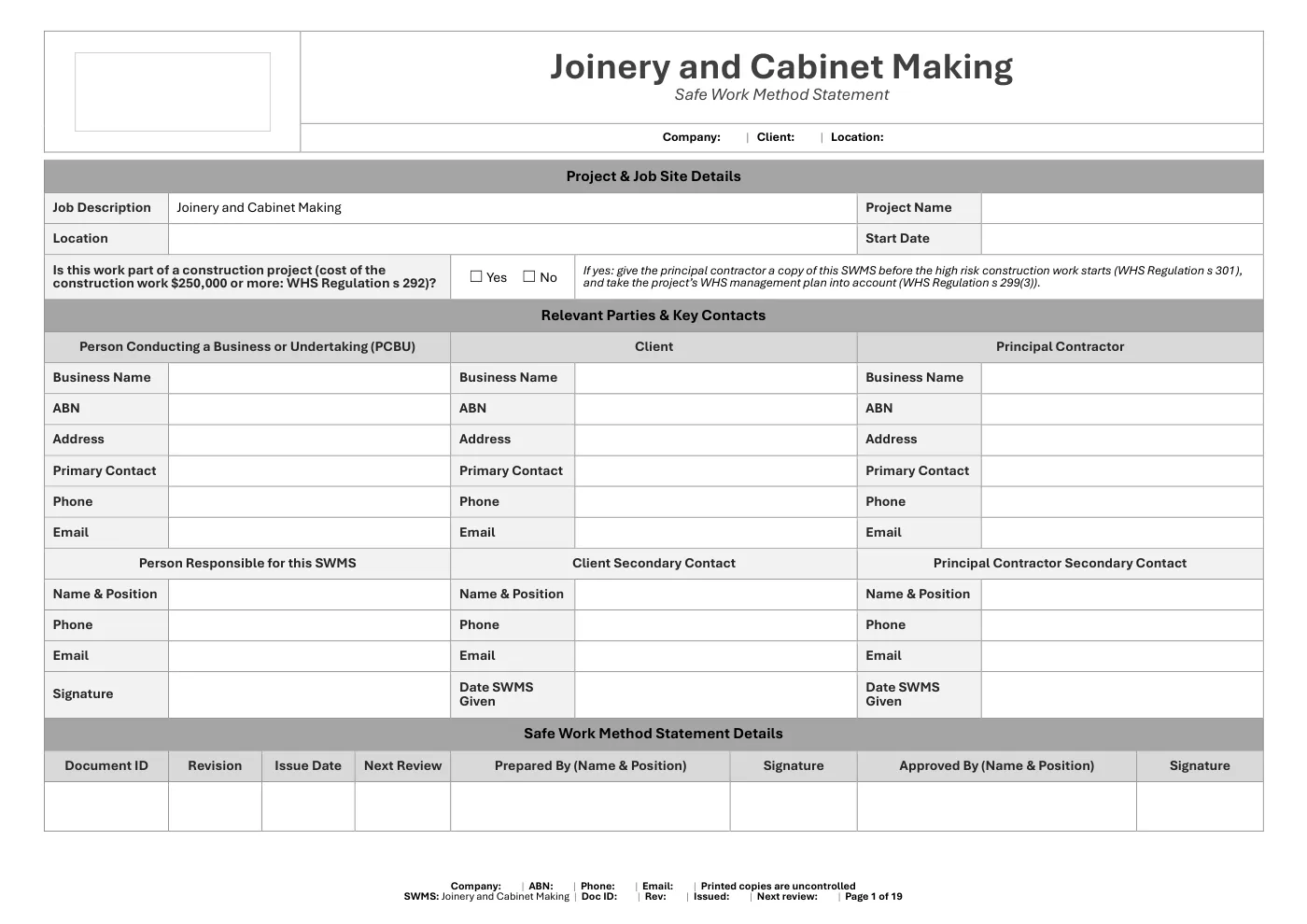 Joinery and Cabinet Making SWMS: sample page 1