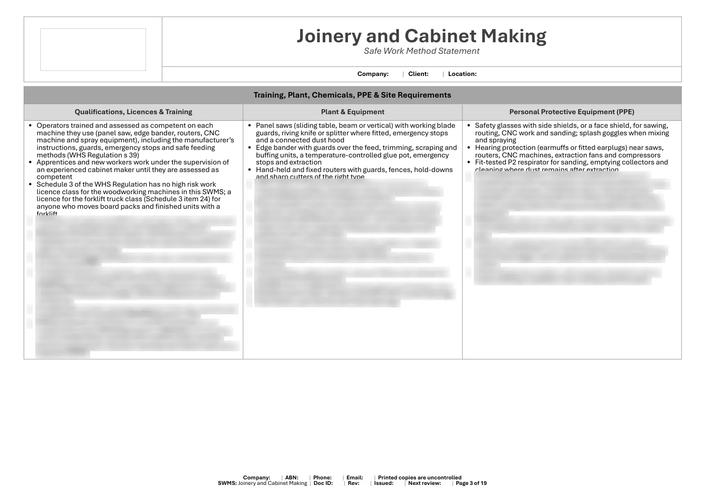 Joinery and Cabinet Making SWMS: sample page 3