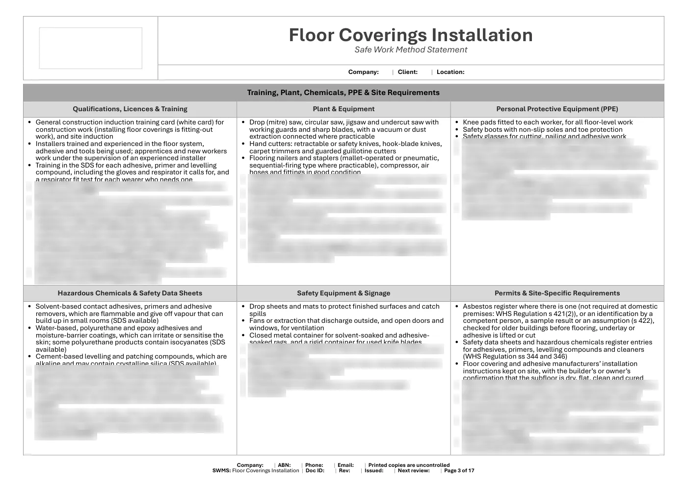 Floor Coverings SWMS: sample page 3
