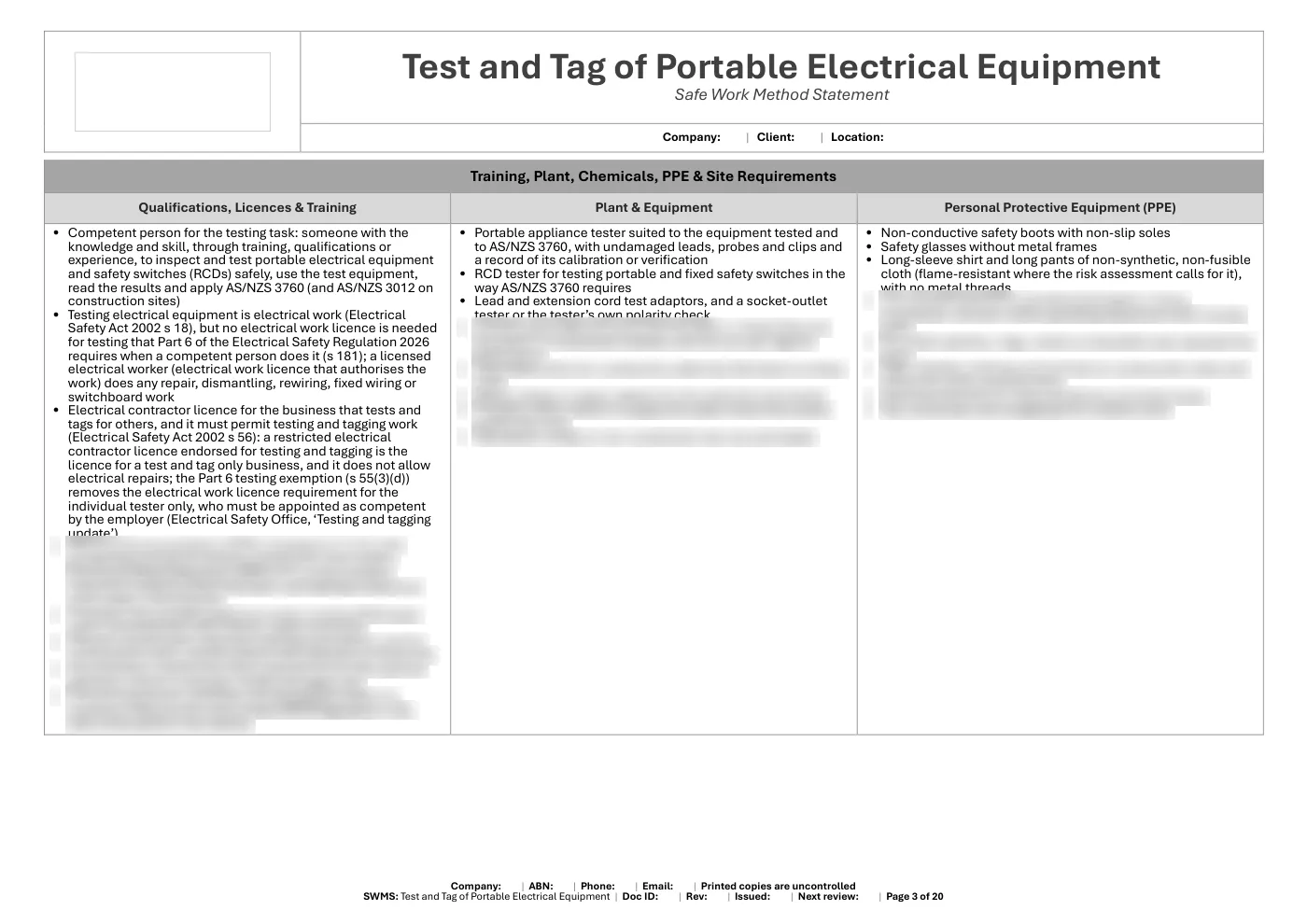 Test and Tag Services SWMS: sample page 3