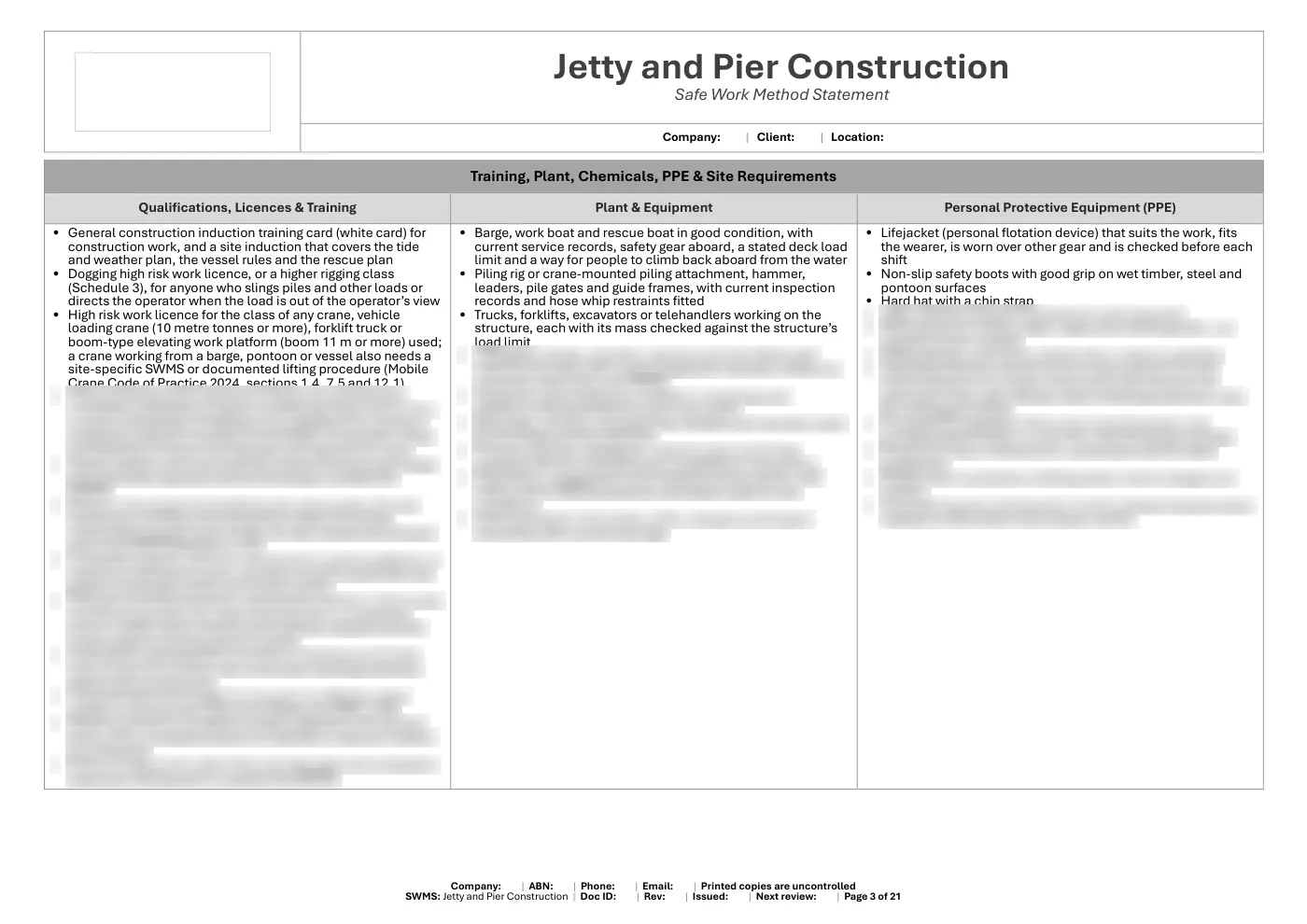 Jetty and Pier Construction SWMS: sample page 3