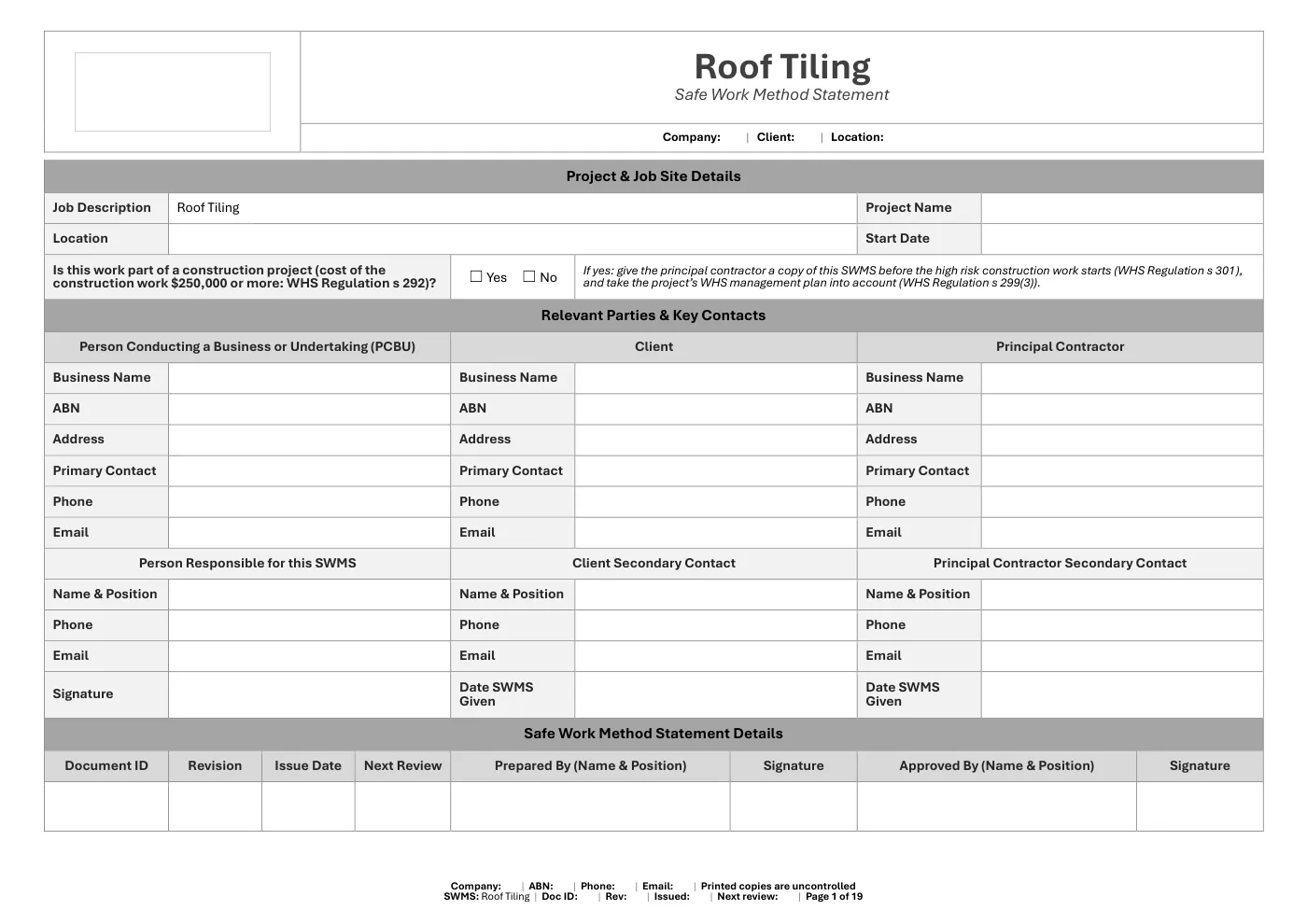 Roof Tiling SWMS: sample page 1