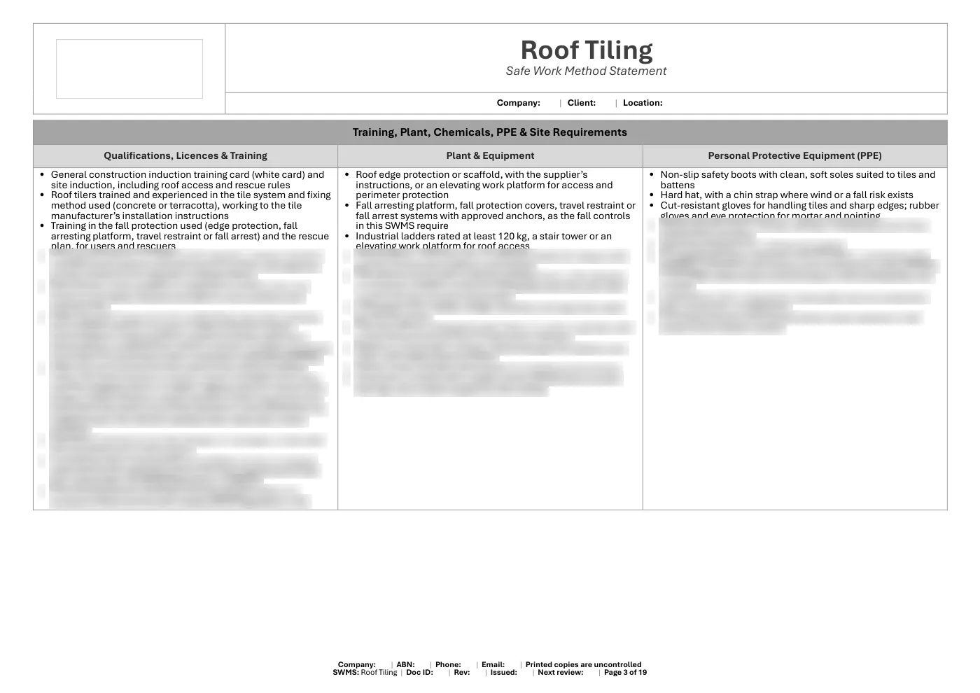 Roof Tiling SWMS: sample page 3