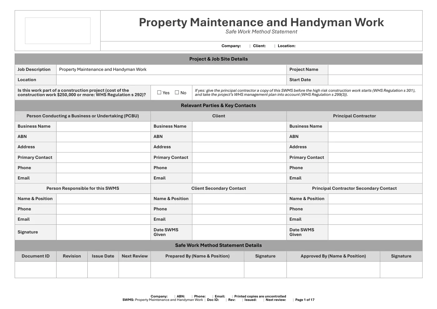 Property Maintenance Handyman SWMS: sample page 1