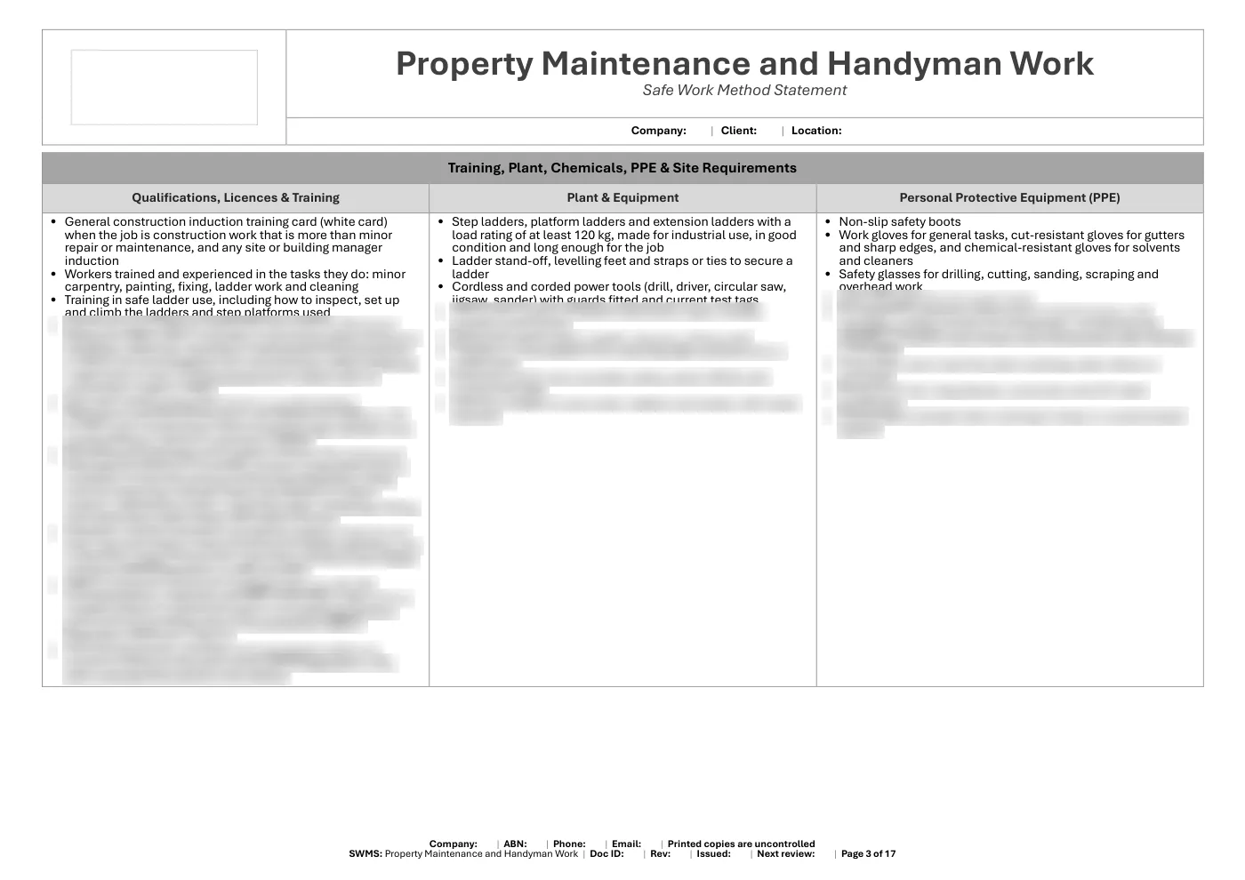 Property Maintenance Handyman SWMS: sample page 3