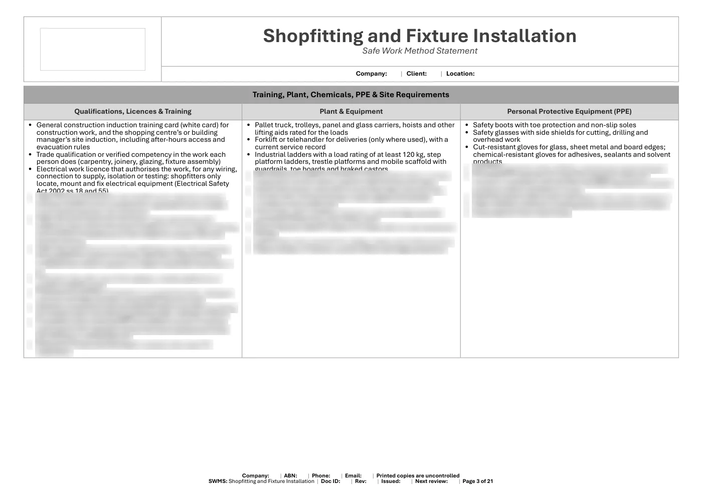 Shopfitting and Fixture Installation SWMS: sample page 3