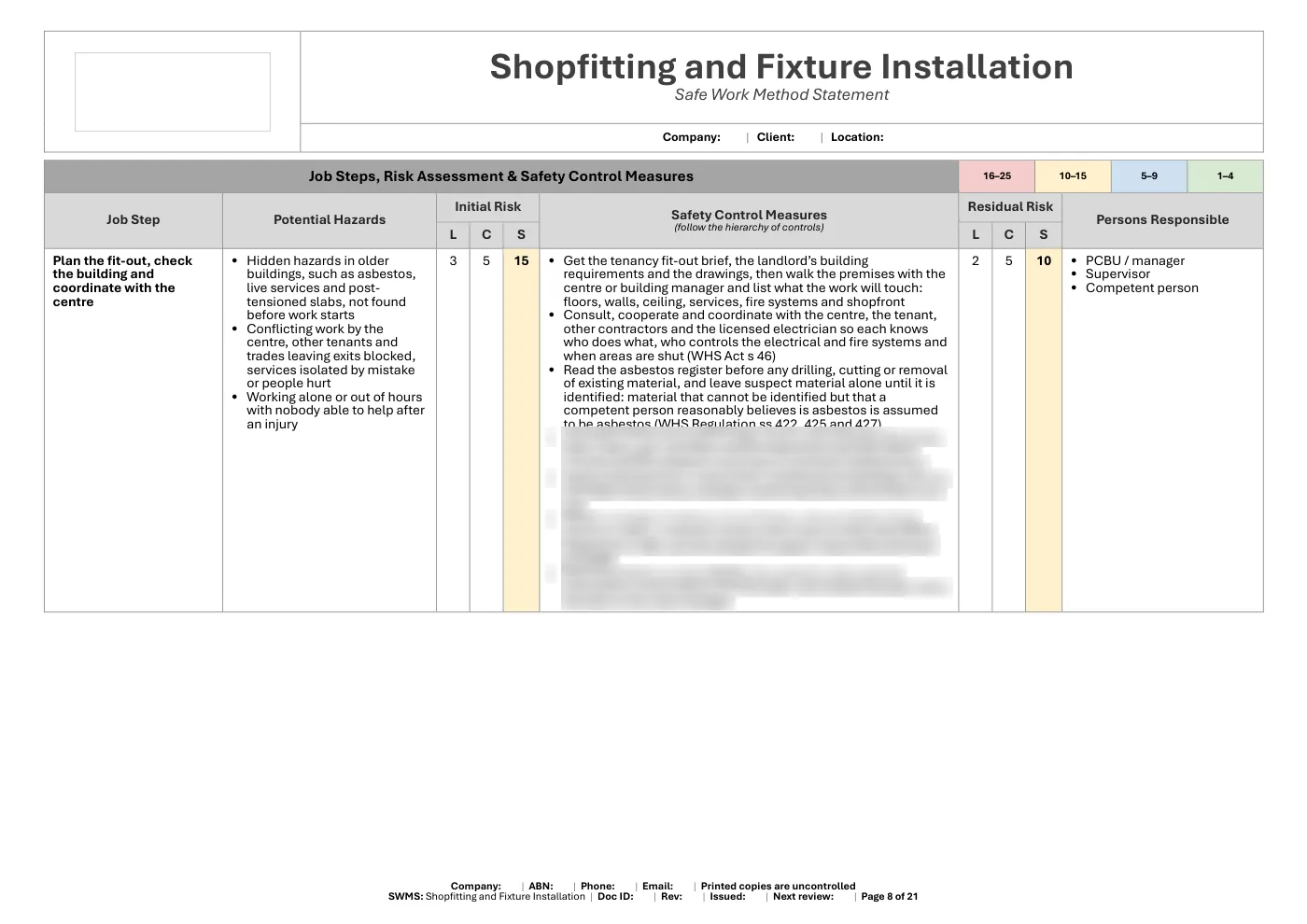 Shopfitting and Fixture Installation SWMS: sample page 8
