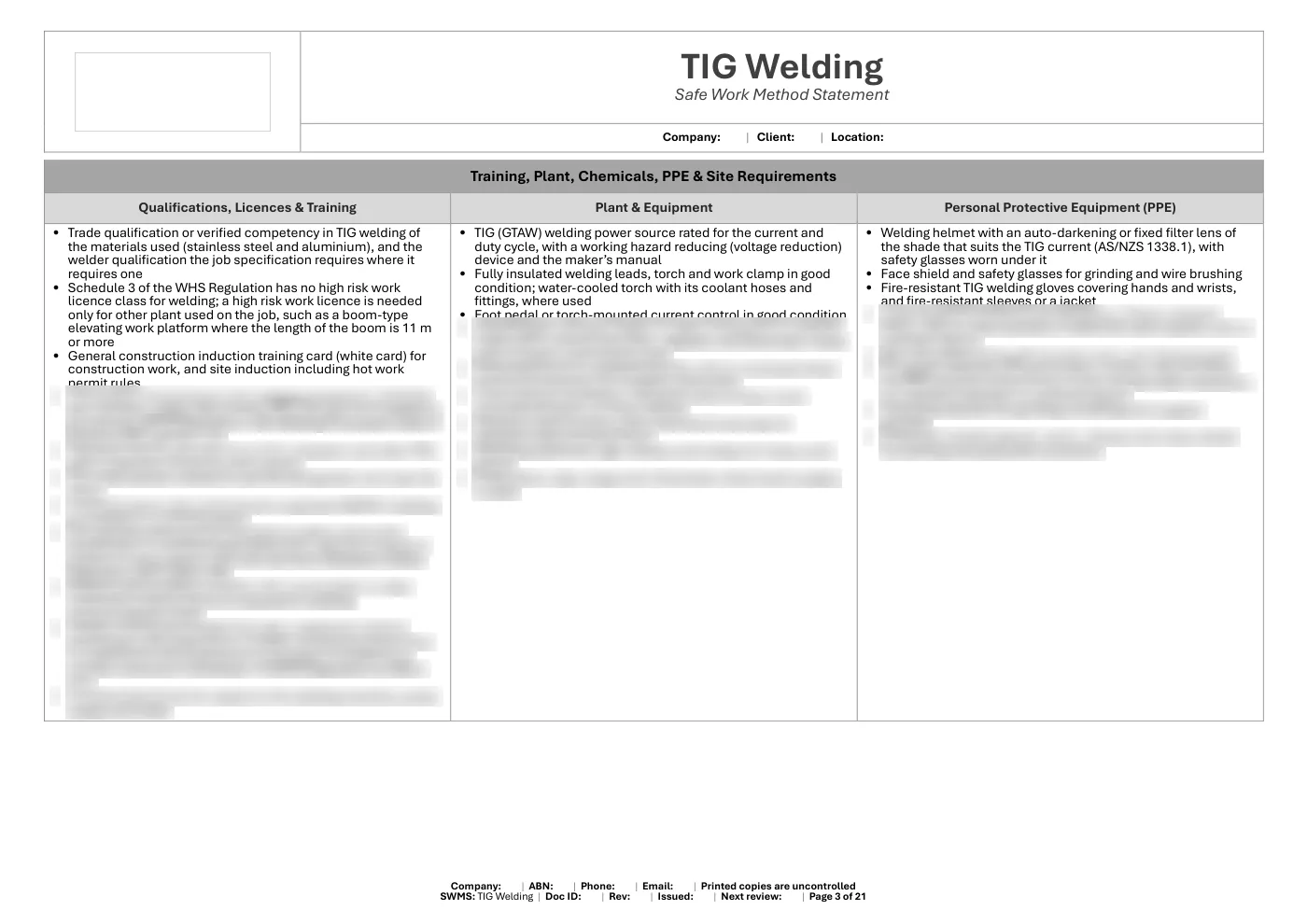 TIG Welding SWMS: sample page 3