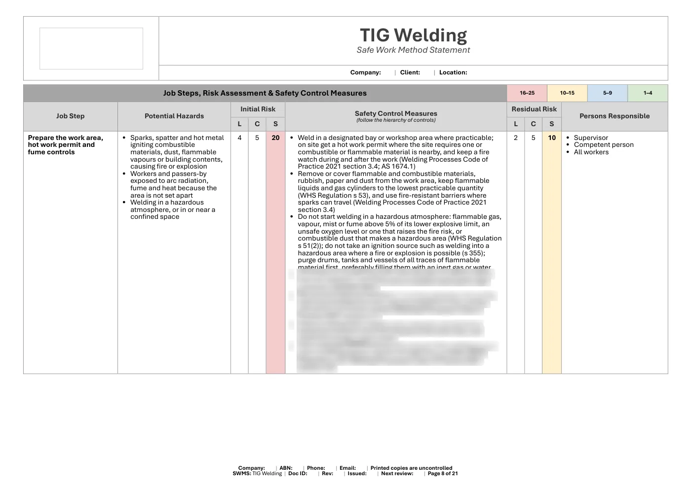 TIG Welding SWMS: sample page 8